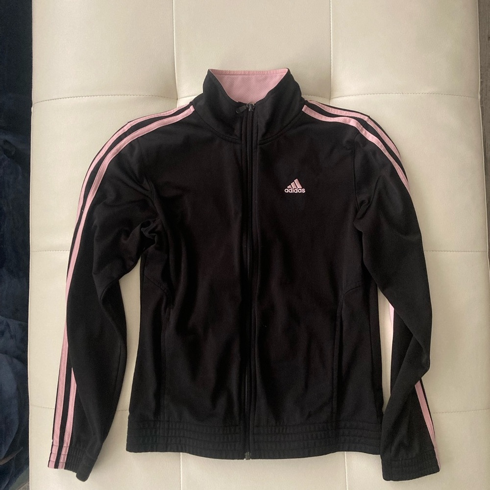 Adidas black and pink three stripe zipped front jacket women’s size small